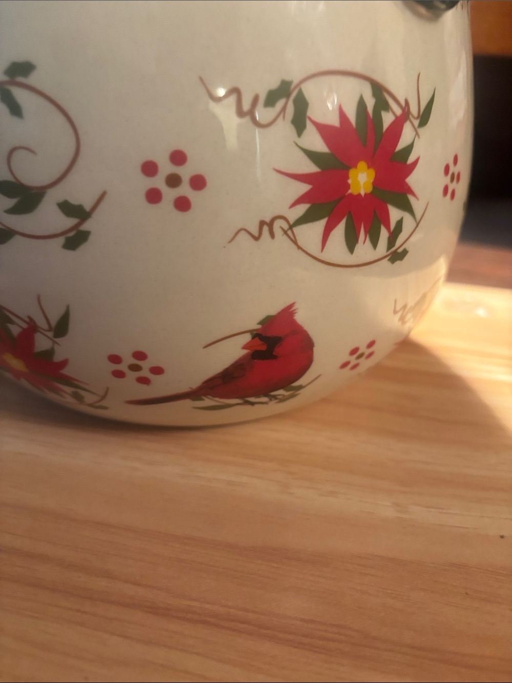 Temp-Tations Cream Ceramic Bowl with Red Floral Design and Green Leaves - Picture 3 of 9